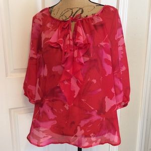 Ann Taylor LOFT sheer red pink floral ruffle front blouse Barbie core light airy